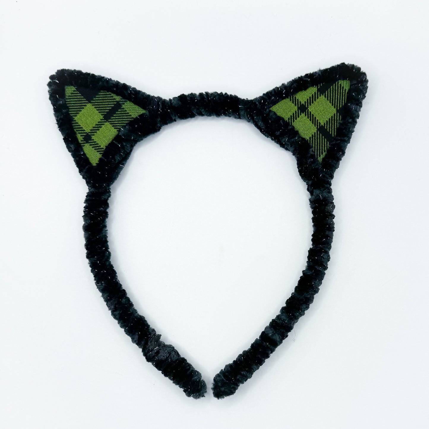 Cozy Vibes - Green Check Kitty (Black Headband)