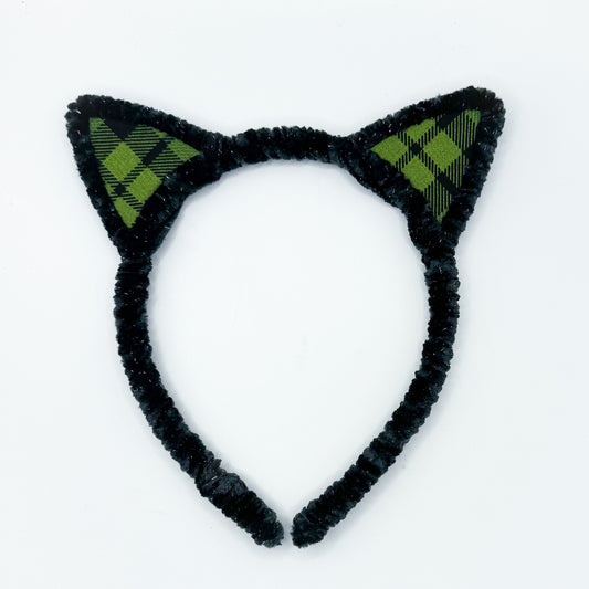 Cozy Vibes - Green Check Kitty (Black Headband)